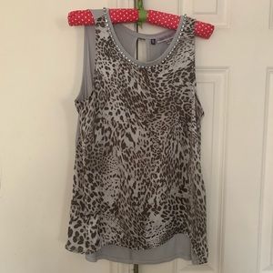 Gray/leopard print sleeveless blouse
